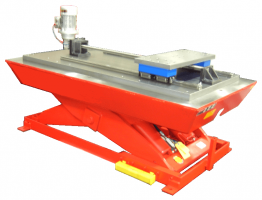 The 1"-10 acme lead screw and the 3 hp gear motor are shown assembled onto the slide with the scissors lift partially raised.