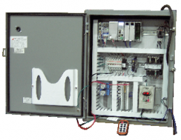 The control cabinet features a 30" x 24" x 8" NEMA 12 enclosure, a wireless pendant, a variable frequency drive, a 30 amp disconnect switch, a 24 Vdc 10 Amp power supply, a programmable logic controller, a 4 port ethernet switch, an emergency stop push button, a 24 Vdc motion alarm horn, and interface relays for the lift.