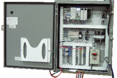 The control cabinet features a 30" x 24" x 8" NEMA 12 enclosure, a wireless pendant, a variable frequency drive, a 30 amp disconnect switch, a 24 Vdc 10 Amp power supply, a programmable logic controller, a 4 port ethernet switch, an emergency stop push button, a 24 Vdc motion alarm horn, and interface relays for the lift.