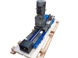 3/4 view showing 50mm diameter precision ground ball screw, rear limit switch, servo motor mount and flame hardened steel rails of HHW15 slide.