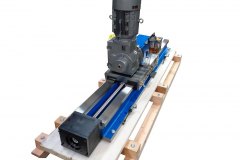 3/4 view showing 50mm diameter precision ground ball screw, rear limit switch, servo motor mount and flame hardened steel rails of HHW15 slide.