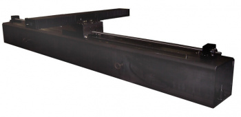 LBW6/LBW10: 6" wide low profile ball way slide mounted on a 10" wide ball way slide with a 132" long x 12" square tube as a base. Used to cut carbon fiber.